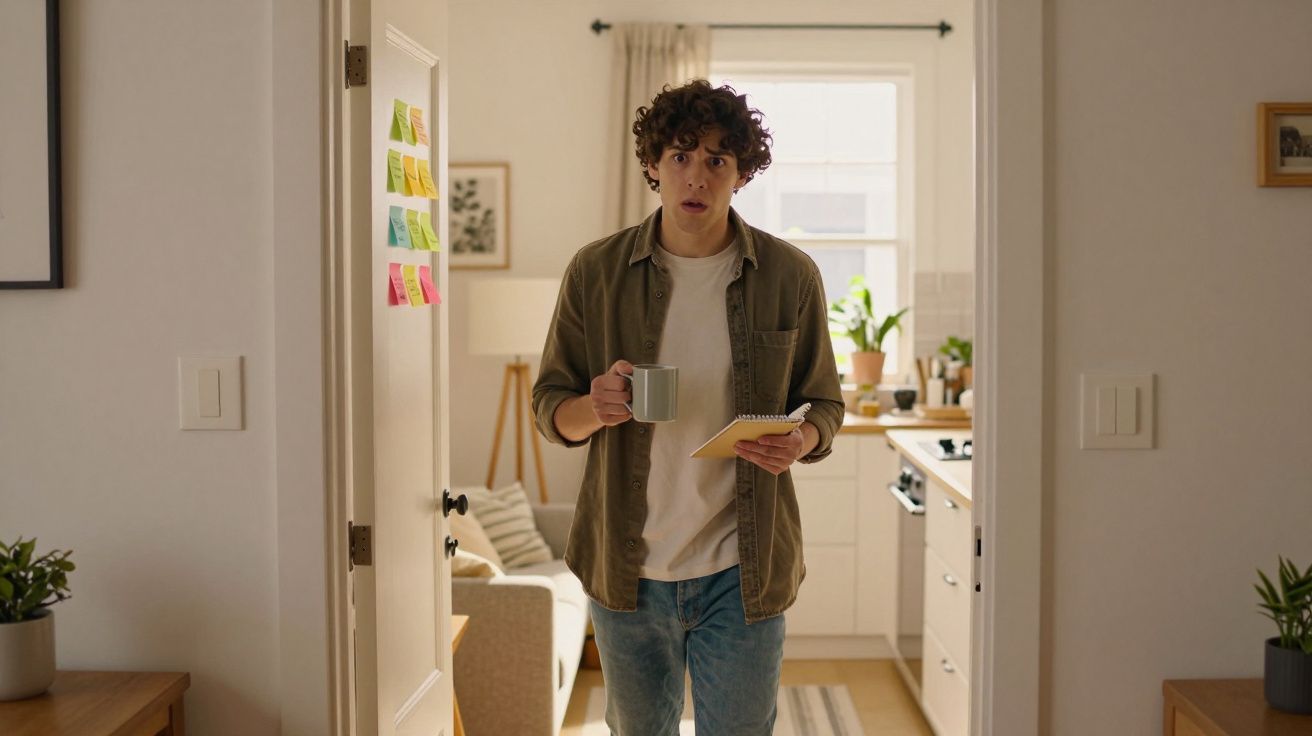 Jovem com chávena e bloco de notas numa divisão luminosa de uma casa, com notas coloridas na porta.