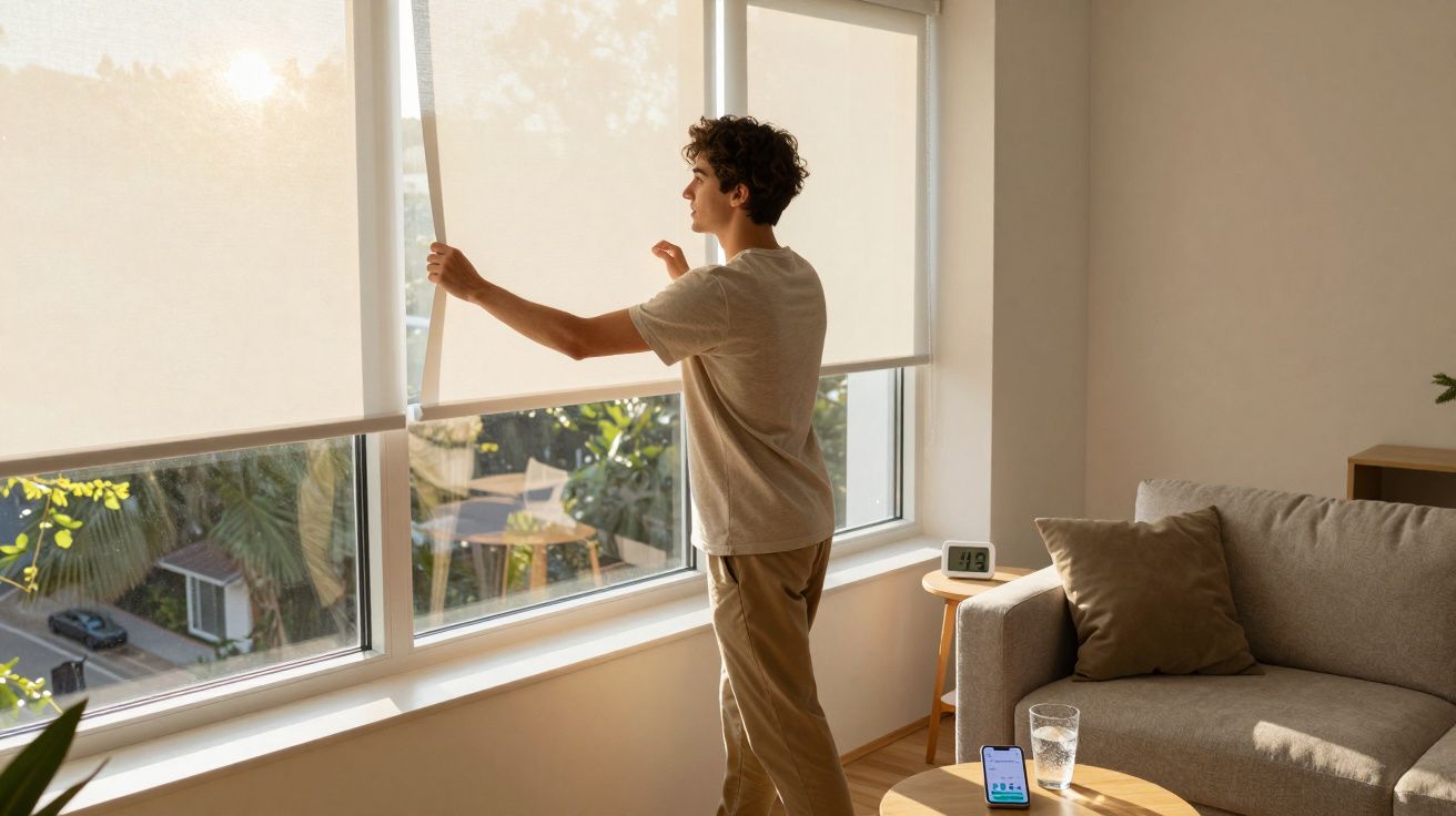 Homem abre estores numa sala com sofá, mesa, copo de água e telemóvel em mesa redonda.