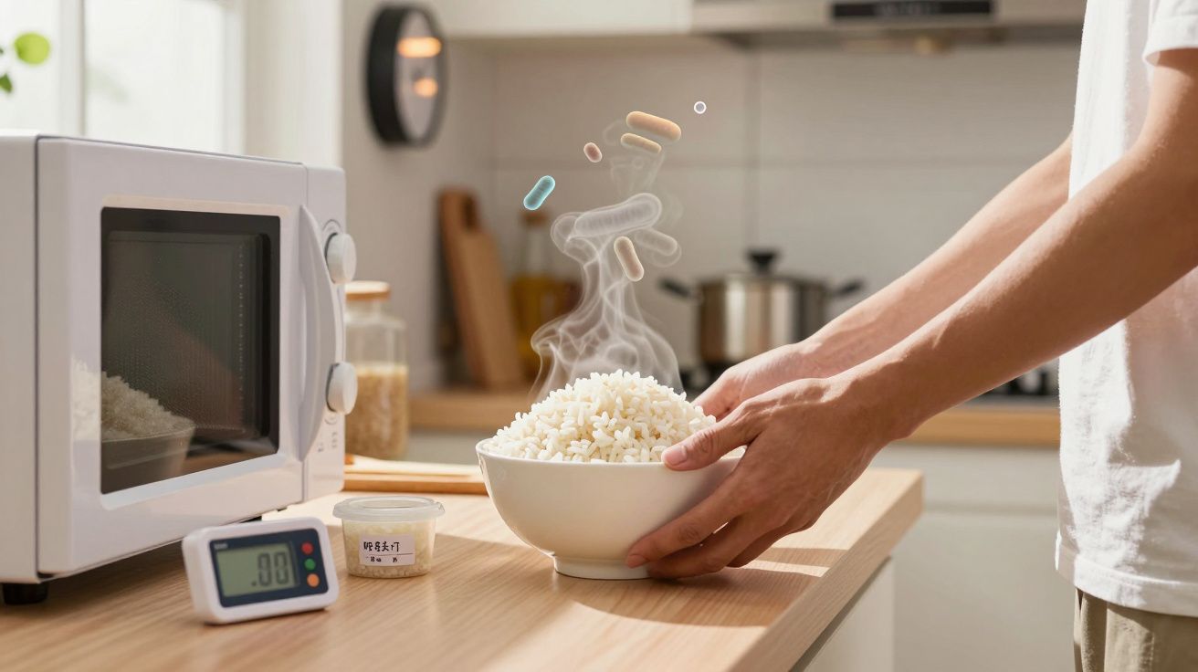 Pessoa segurando taça com arroz quente e pílulas visíveis em forma de vapor numa cozinha moderna.