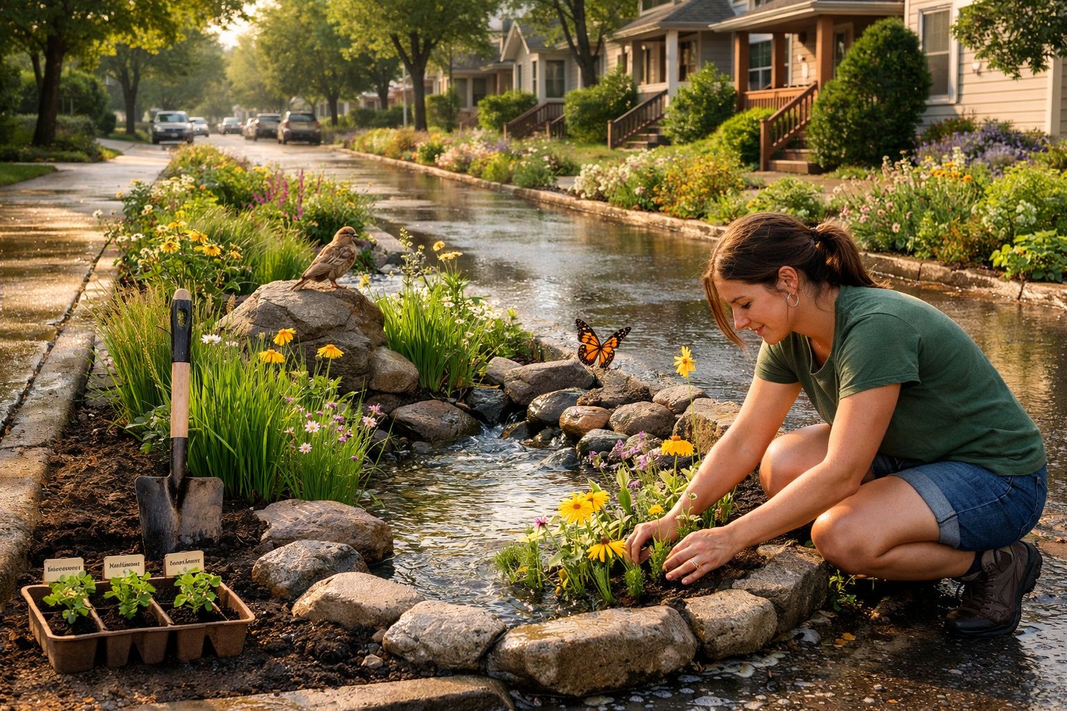 Mulher a plantar flores junto a riacho, com pá, borboleta e pássaro num bairro residencial ensolarado.