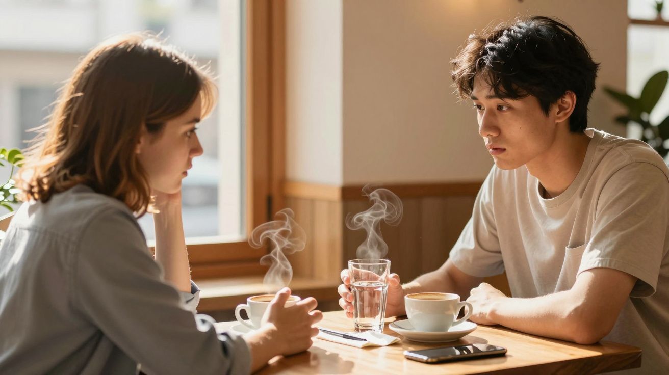 Duas pessoas sentadas numa mesa de café, conversando com chá e café quente à sua frente.