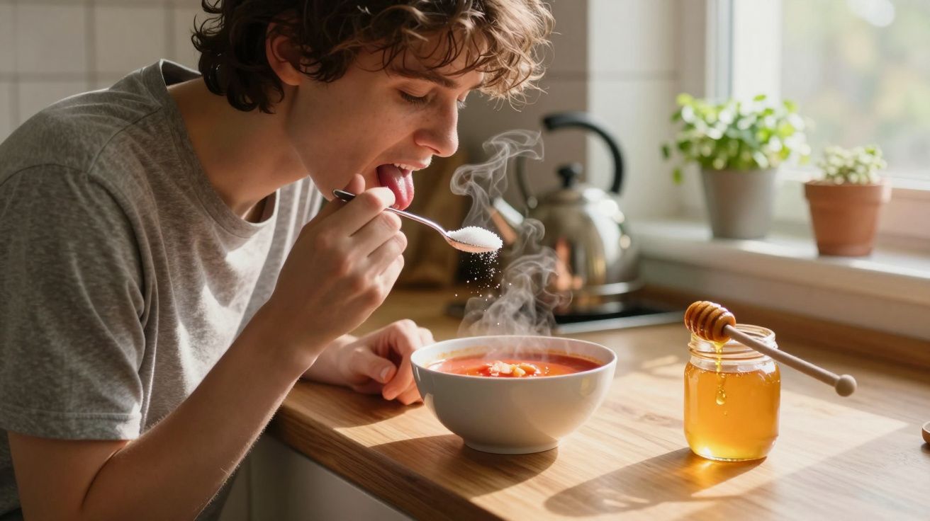 Pessoa de cabelos curtos a adicionar açúcar numa colher sobre uma tigela de sopa quente numa cozinha iluminada.