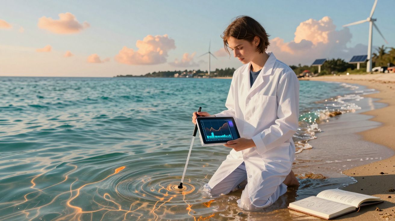 Cientista em bata branca mede qualidade da água na praia com tablet e sensor, turbinas eólicas ao fundo.