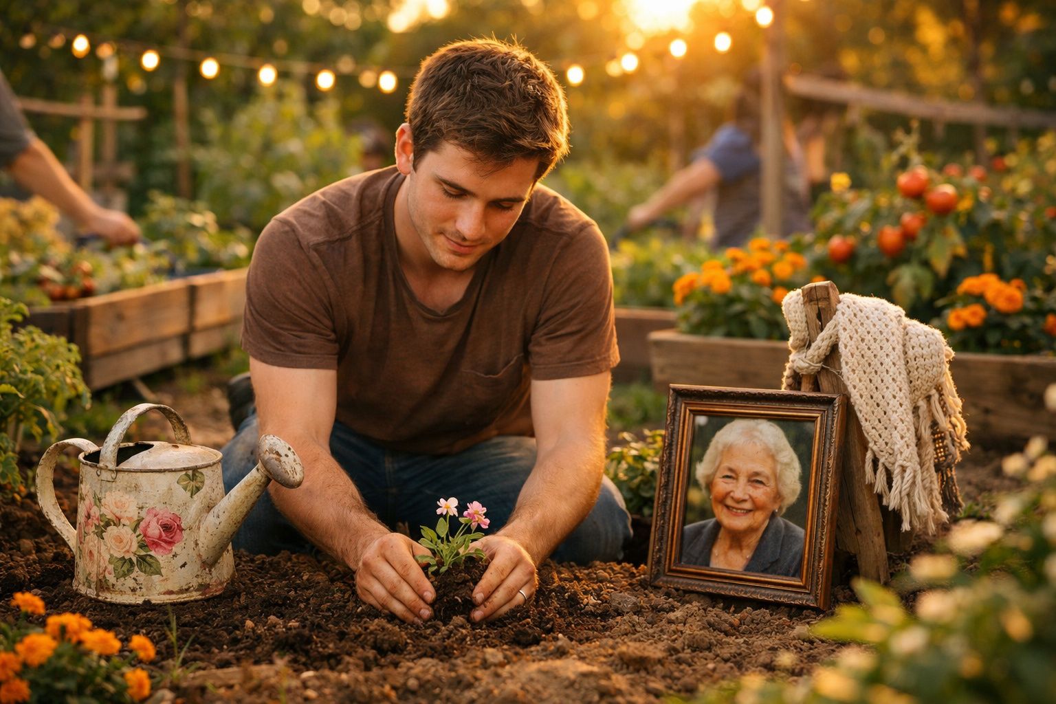 Jovem a plantar flor num jardim, ao lado de um regador e uma moldura com foto de senhora idosa sorridente.