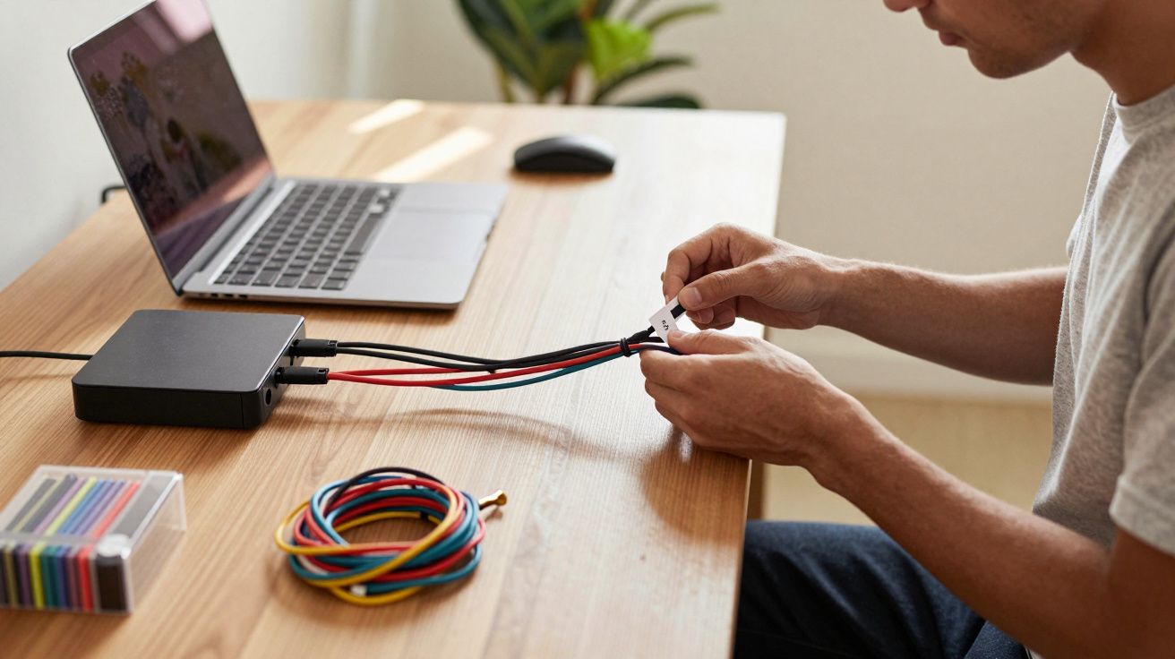 Pessoa a organizar e etiquetar cabos elétricos numa mesa com computador portátil ao fundo.