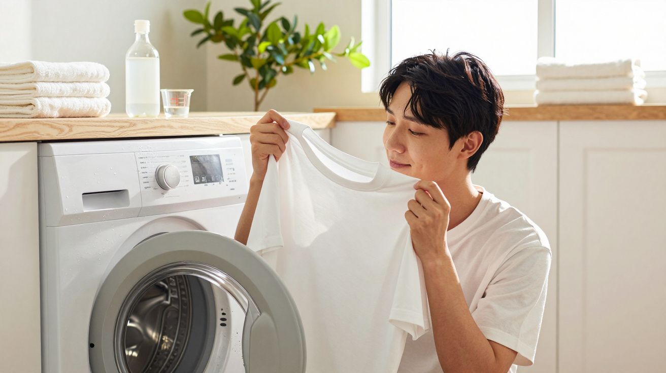 Homem a cheirar uma t-shirt branca acabada de sair da máquina de lavar numa lavandaria doméstica clara e organizada.