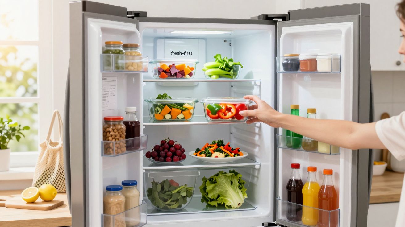 Frigorífico aberto com legumes frescos, frutas e bebidas organizadas em recipientes e garrafas.