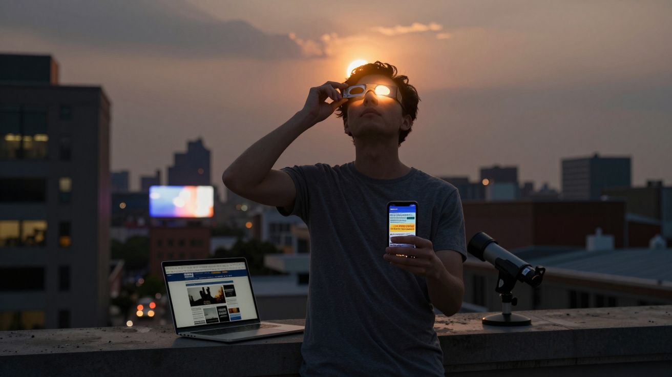 Homem observa eclipse solar com óculos especiais no terraço ao pôr do sol, com computador e telescópio próximos.