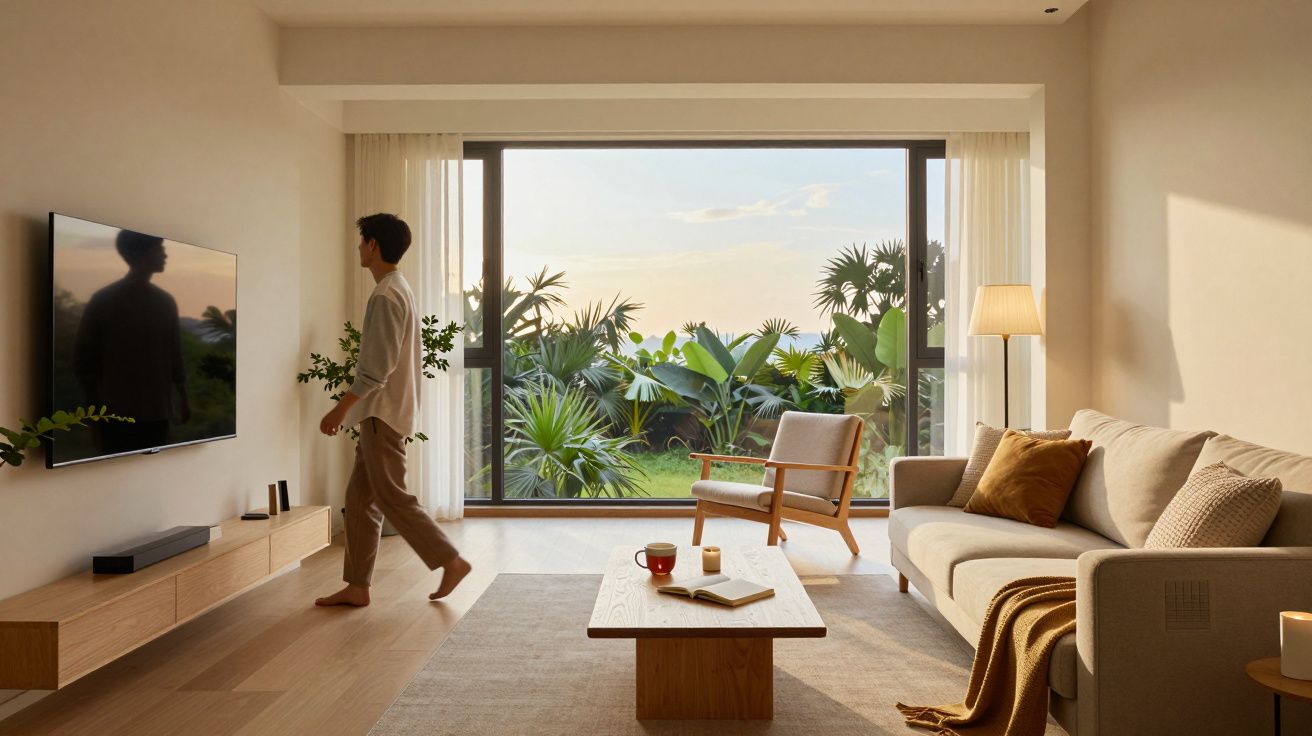 Sala de estar moderna com grande janela, sofá, cadeira, mesa de centro e uma pessoa perto da televisão.
