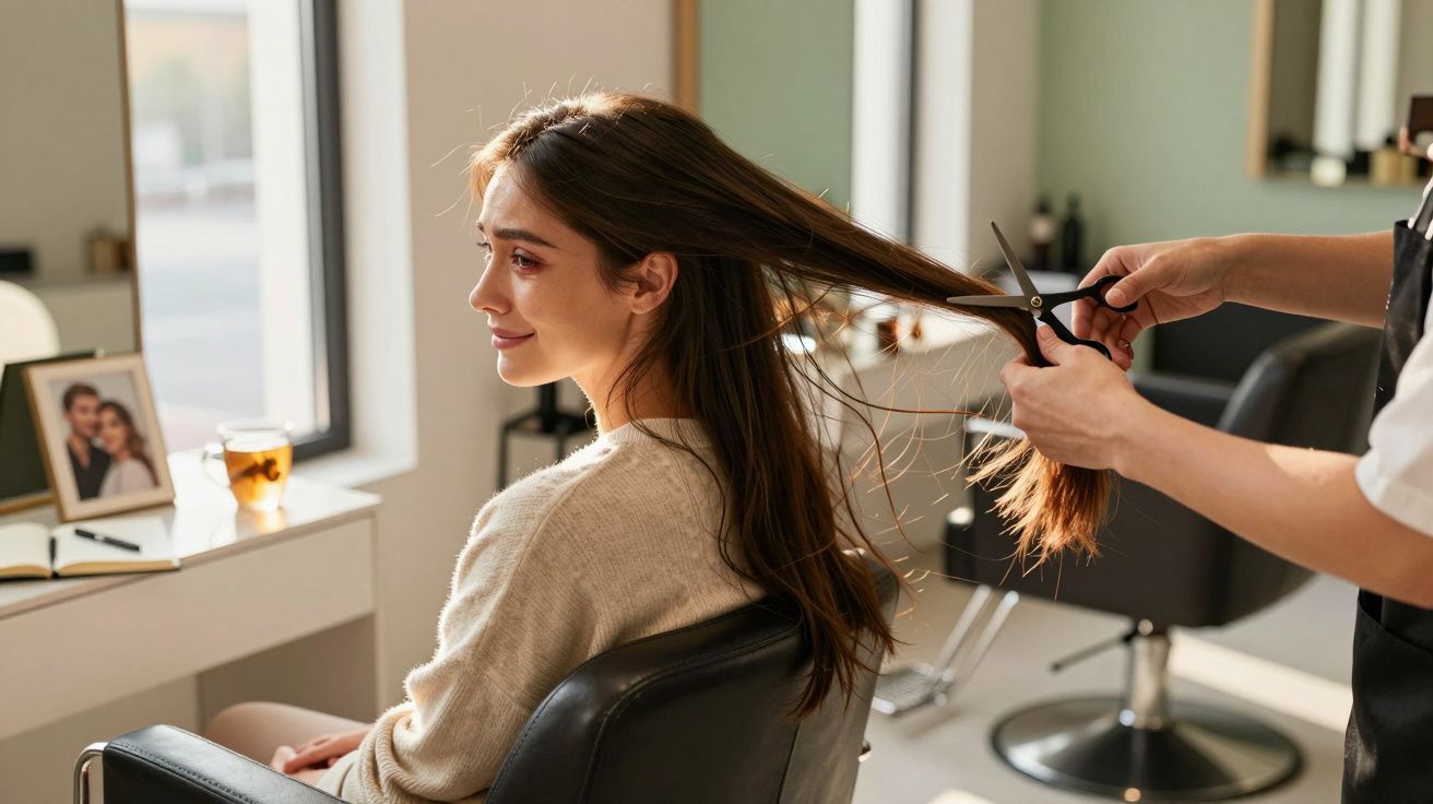 Mulher sentada num cabeleireiro, prestes a cortar cabelo comprido castanho, com expressão tranquila.