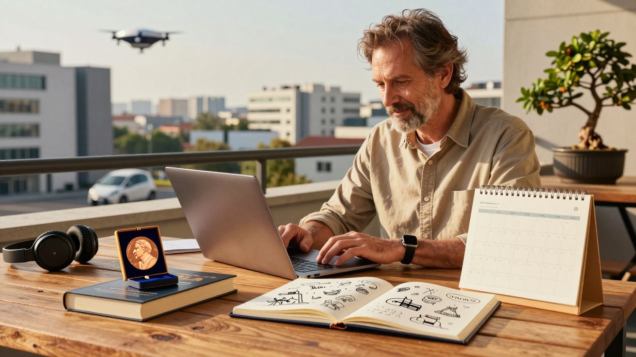 Homem a trabalhar ao computador numa mesa de madeira com livro, caderno, calendário e drone ao fundo.