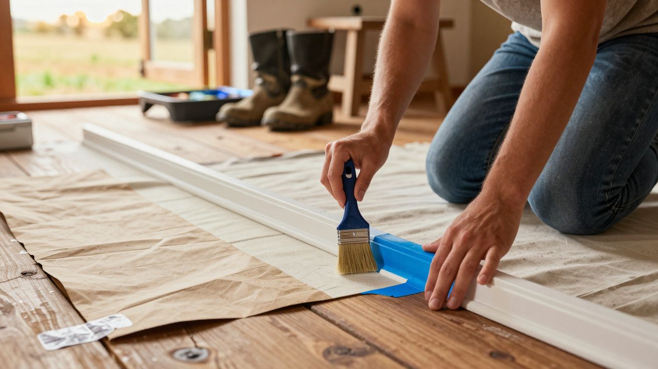 Pessoa a aplicar fita adesiva e a pintar uma soleira branca numa divisão com chão de madeira.