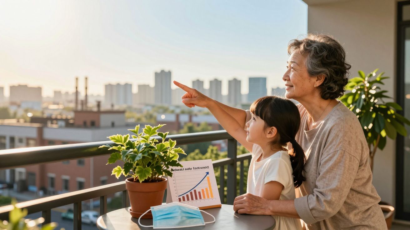 Avó e neta sentadas na varanda, a criança aponta para o horizonte na cidade ao pôr do sol.