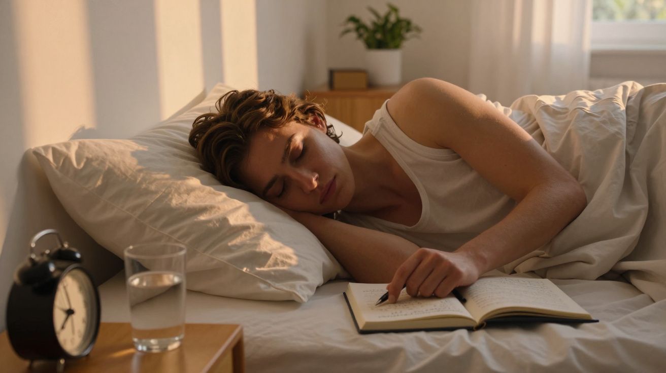 Pessoa a dormir na cama com caderno aberto e lápis na mão, luz suave da manhã na cabeça.