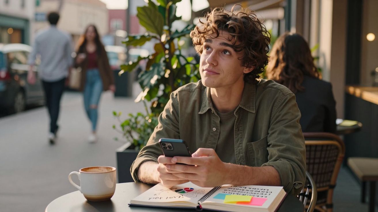 Jovem sentado num café com caderno aberto, segurando um telemóvel e olhando pensativo para cima.
