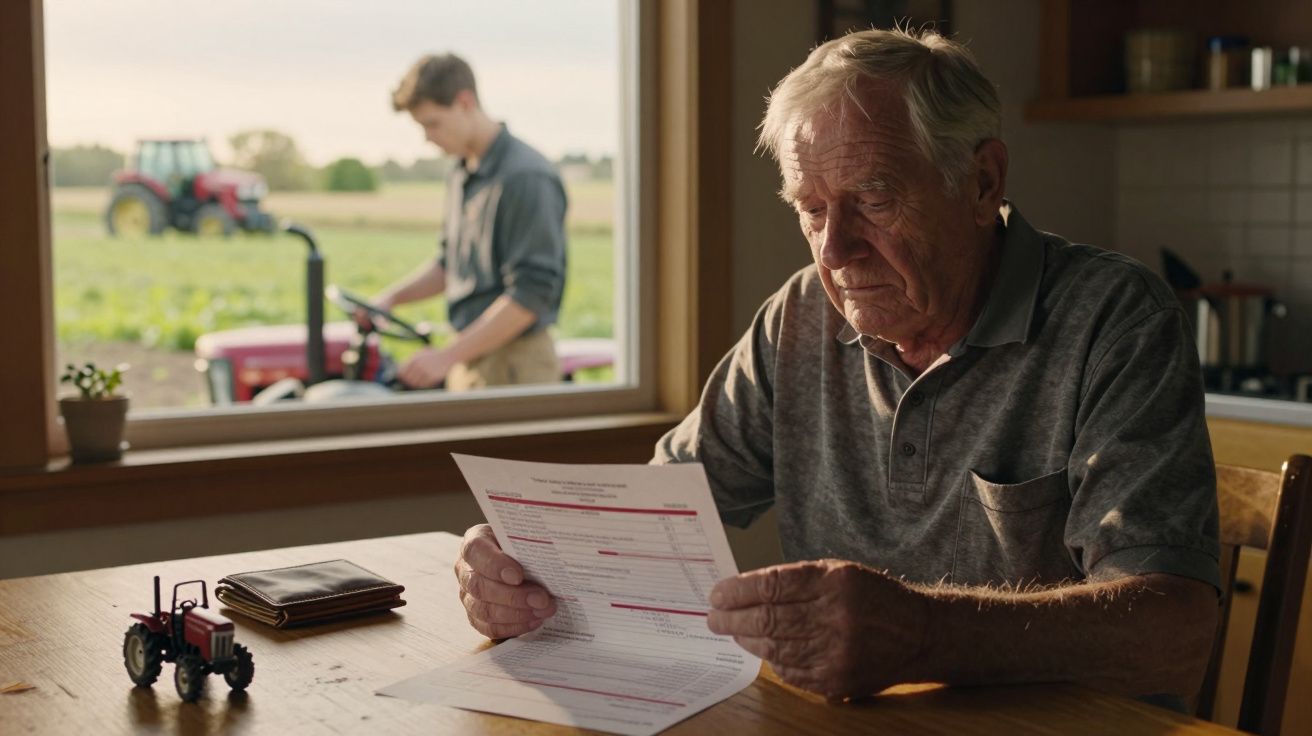 Homem idoso sentado à mesa a ler documento, jovem ao fundo junto a trator numa quinta.