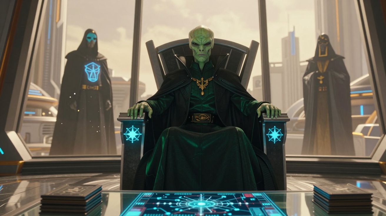 Ser alienígena sentado numa cadeira de comando futurista com dois guardas encapuçados atrás, em ambiente tecnológico.