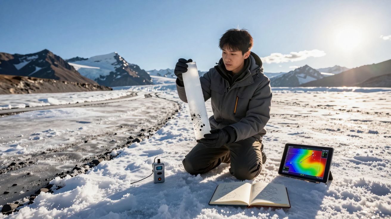 Cientista inspeciona amostra de gelo num campo coberto de neve rodeado de montanhas e equipamentos de pesquisa.