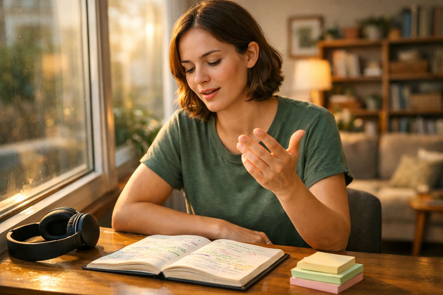 Mulher jovem a estudar com caderno e auscultadores numa mesa junto a uma janela iluminada natural.