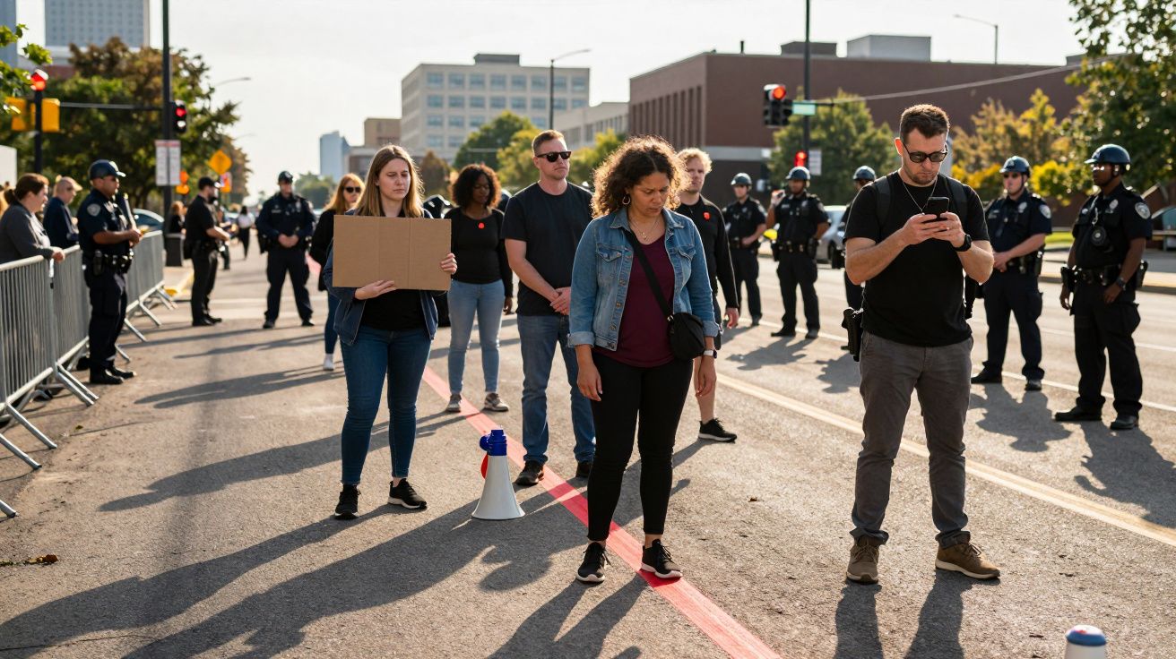 Manifestantes em rua com polícia formada ao fundo e sinais de trânsito vermelhos acesos.