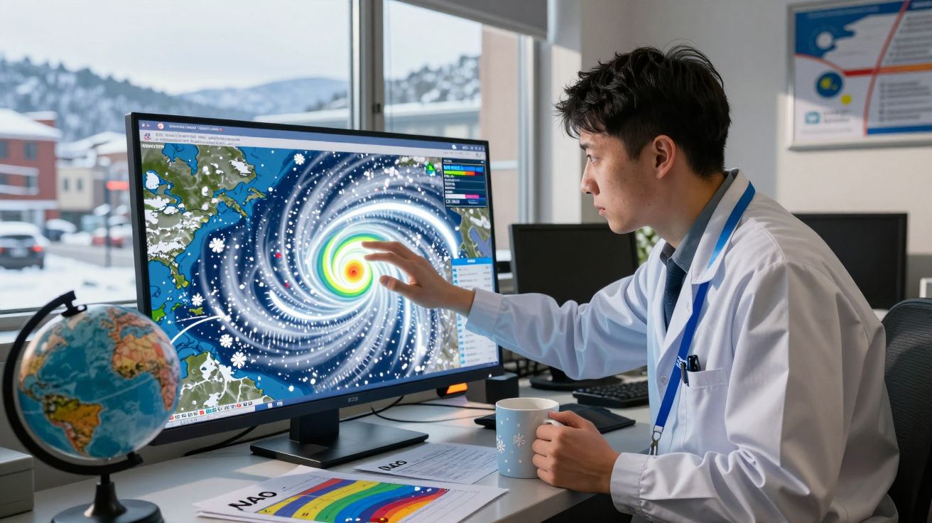 Homem em bata branca analisa no computador simulação de tempestade num círculo no oceano.