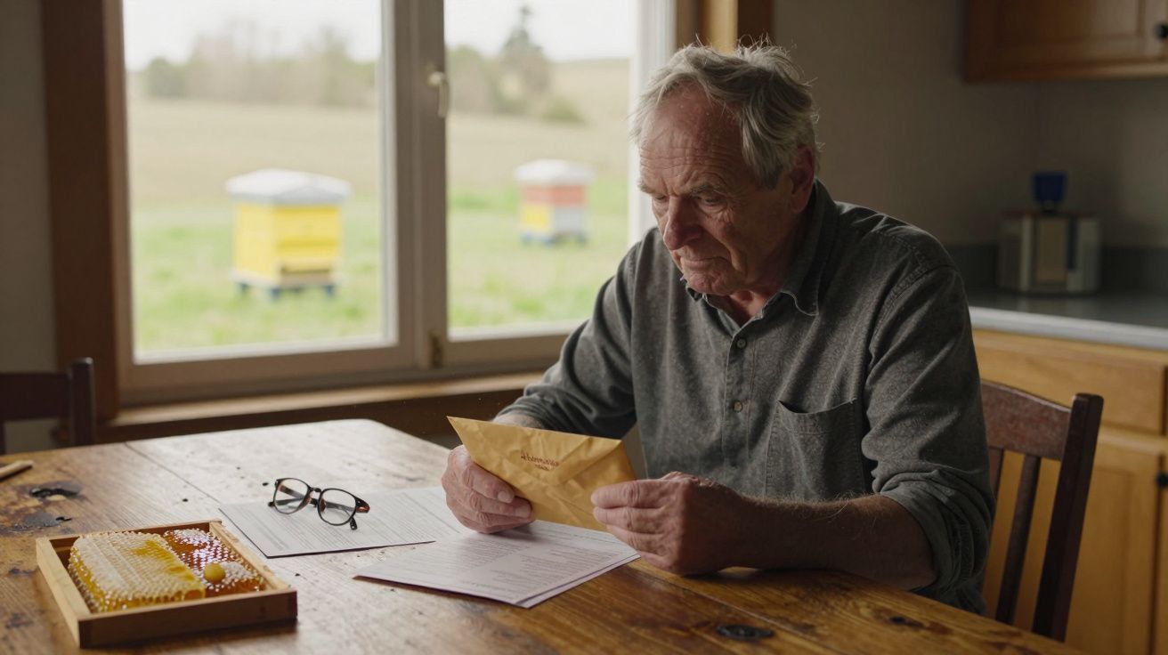 Homem idoso sentado à mesa, a ler uma carta, com favos de mel à sua frente e colmeias visíveis na janela.