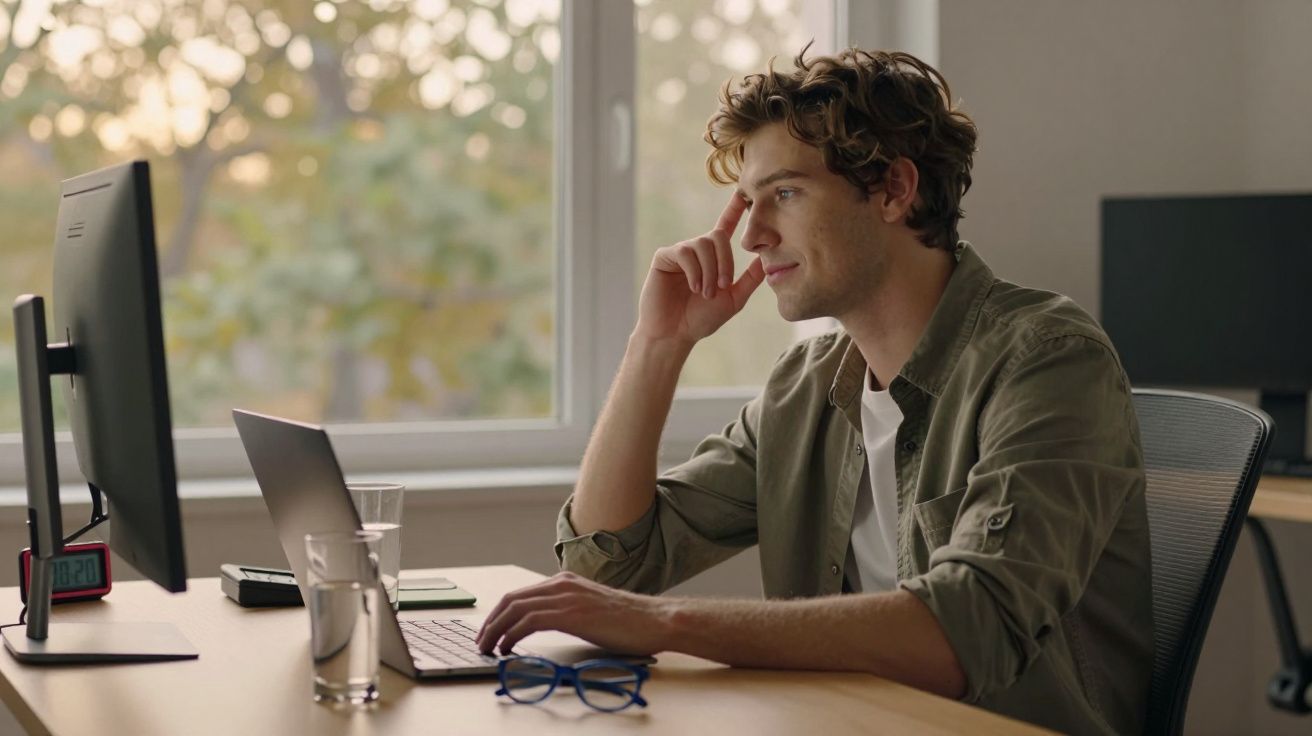 Homem jovem sentado a trabalhar num computador portátil junto a uma janela com luz natural.