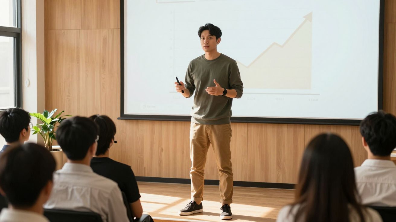 Homem jovem a apresentar gráfico de crescimento a grupo de pessoas numa sala iluminada.