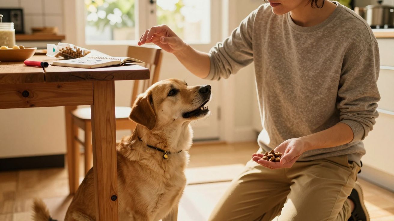 Pessoa a dar petiscos a um cão dourado numa cozinha iluminada, com mesa e cadeira de madeira ao fundo.