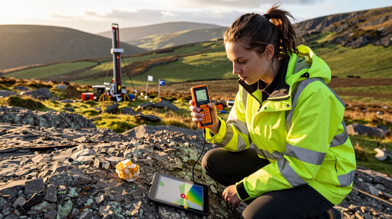 Mulher com casaco amarelo fluorescente faz medições com dispositivo eletrónico em zona rural montanhosa ao pôr do sol.