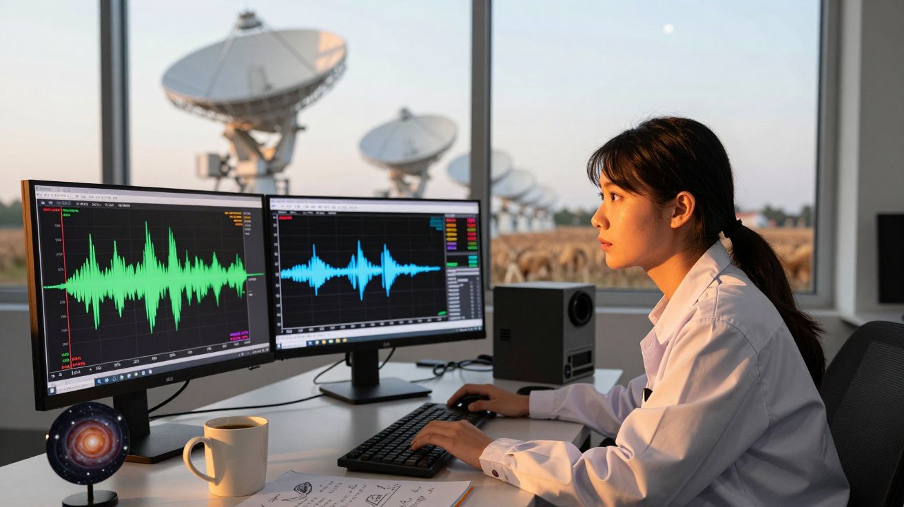 Mulher a analisar ondas sonoras em dois ecrãs, com antenas parabólicas visíveis através da janela.