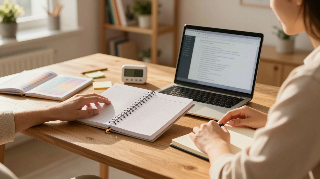Duas pessoas a trabalhar num ambiente iluminado, com caderno, computador portátil e agenda na mesa.