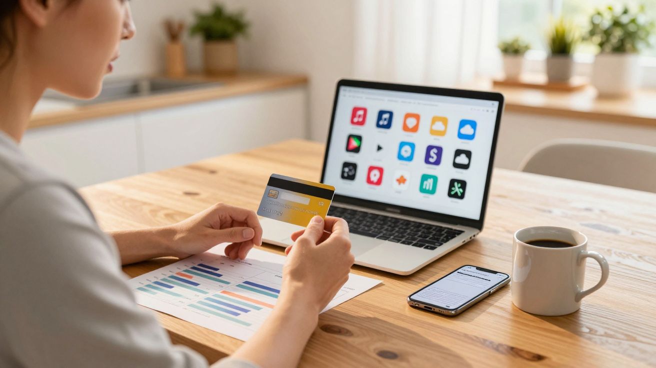 Pessoa a segurar cartão de crédito enquanto consulta gráficos, com computador, telemóvel e chávena numa mesa.