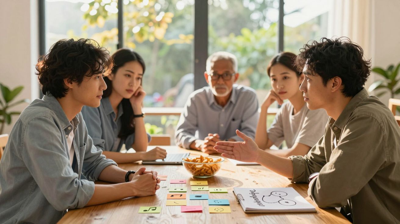 Grupo multicultural a discutir ideias à volta de uma mesa com notas e desenho num ambiente luminoso e informal.