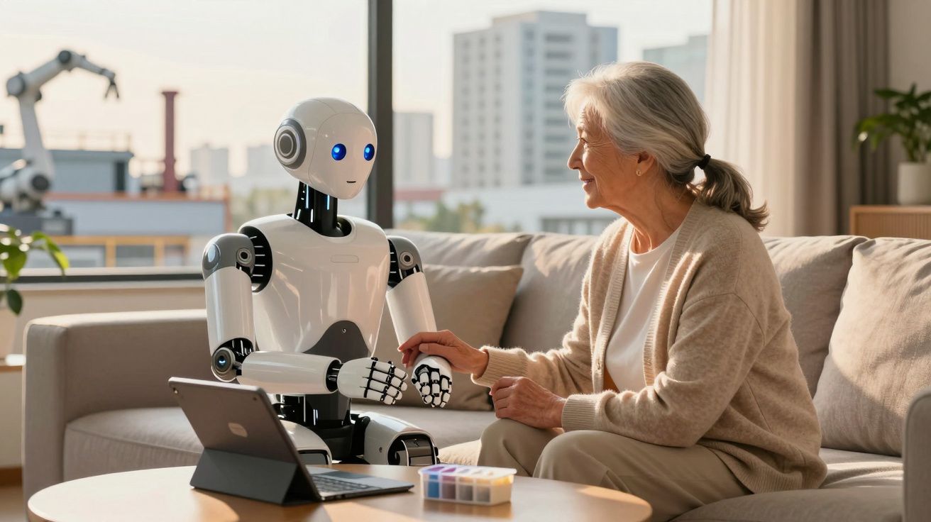 Mulher idosa sentada no sofá interagindo com um robô branco com olhos azuis num ambiente doméstico.