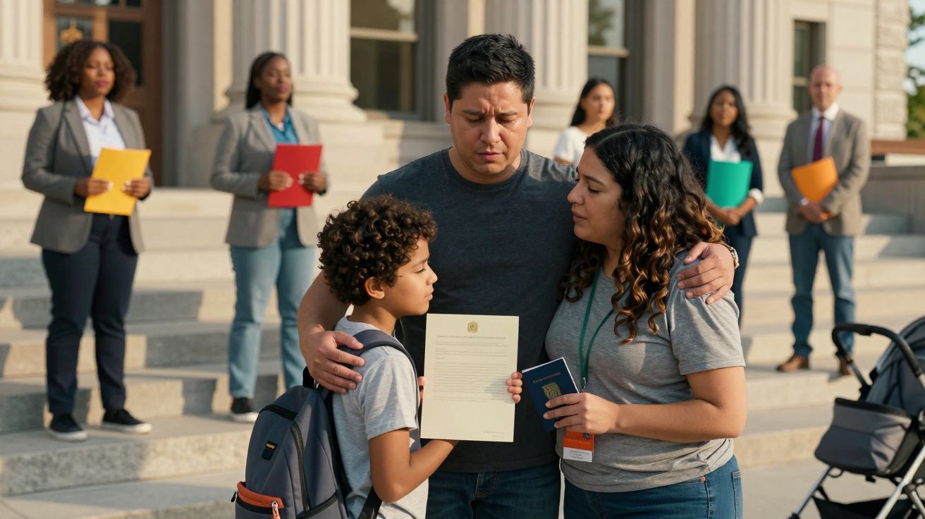 Família abraçada em frente a tribunal, com documentos e expressão preocupada.