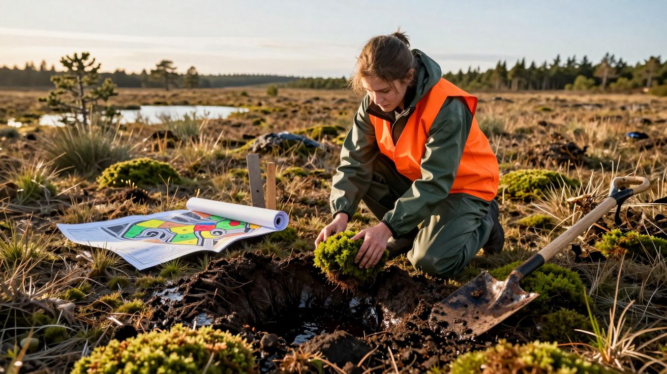 Pessoa com colete laranja a plantar vegetação num campo aberto, com mapa e pá no chão ao lado.
