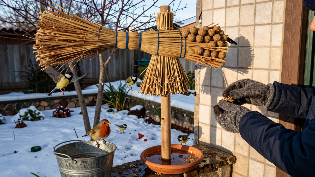 Pessoa com luvas a alimentar pássaros numa estrutura de palha no jardim coberto de neve.