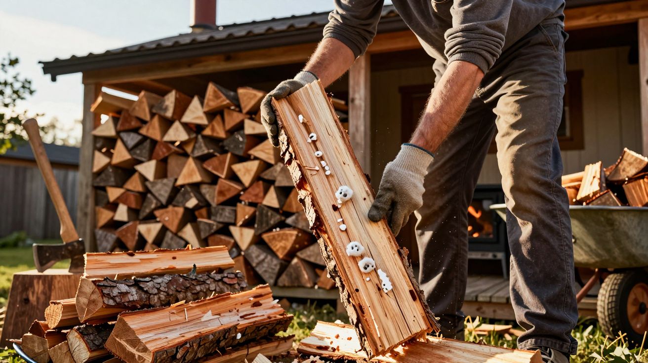 Pessoa a empilhar lenha cortada junto a uma pilha organizada de troncos num ambiente exterior.