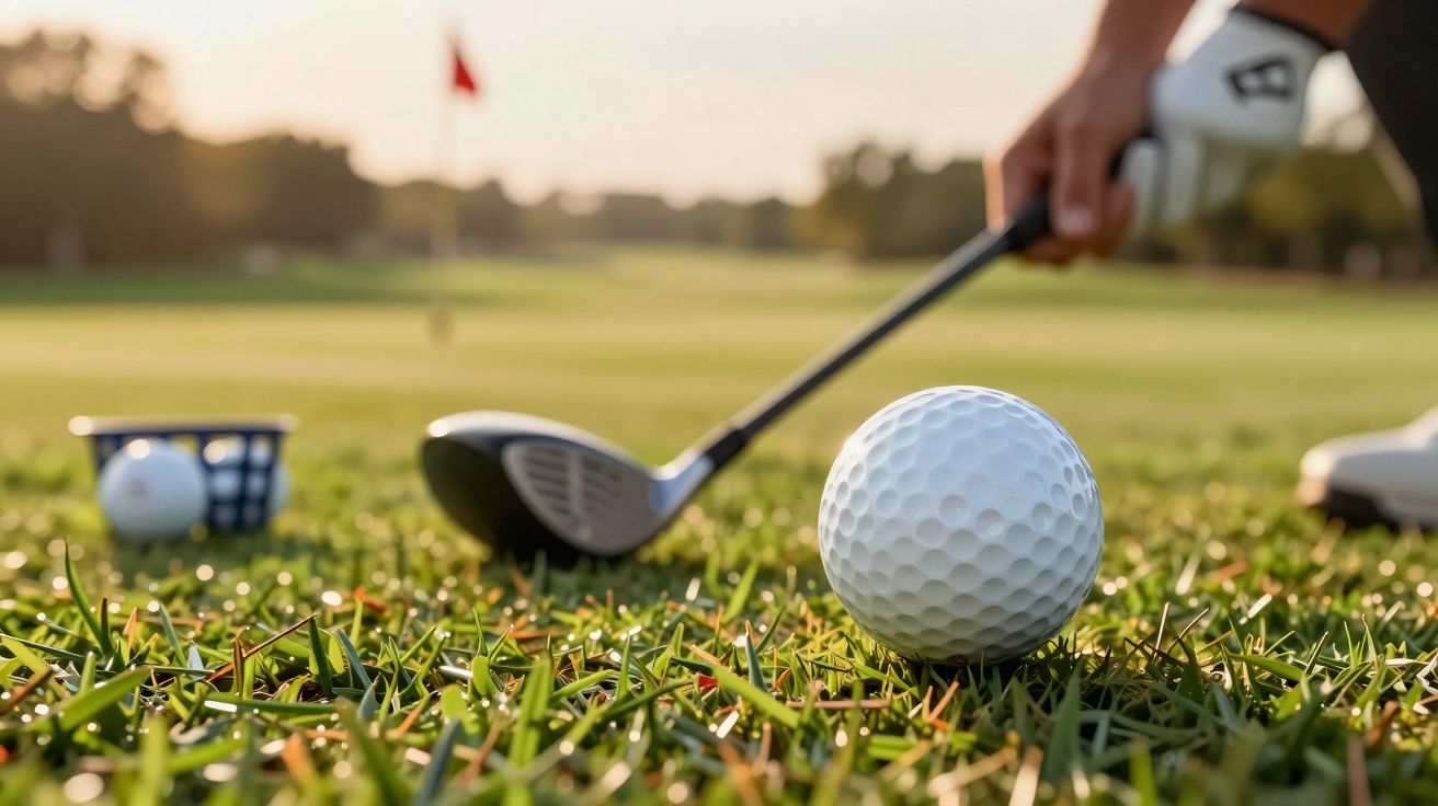 Bola de golfe no relvado com jogador a preparar tacada e bandeira vermelha ao fundo ao pôr do sol.