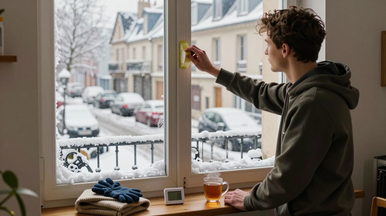 Jovem limpa janela com neve do lado de fora, ao lado de luvas, roupa e chá num dia frio de inverno.