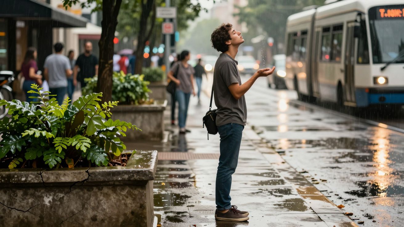 Homem jovem de pé na calçada molhada a observar gotas de chuva numa rua de cidade com autocarro ao fundo.