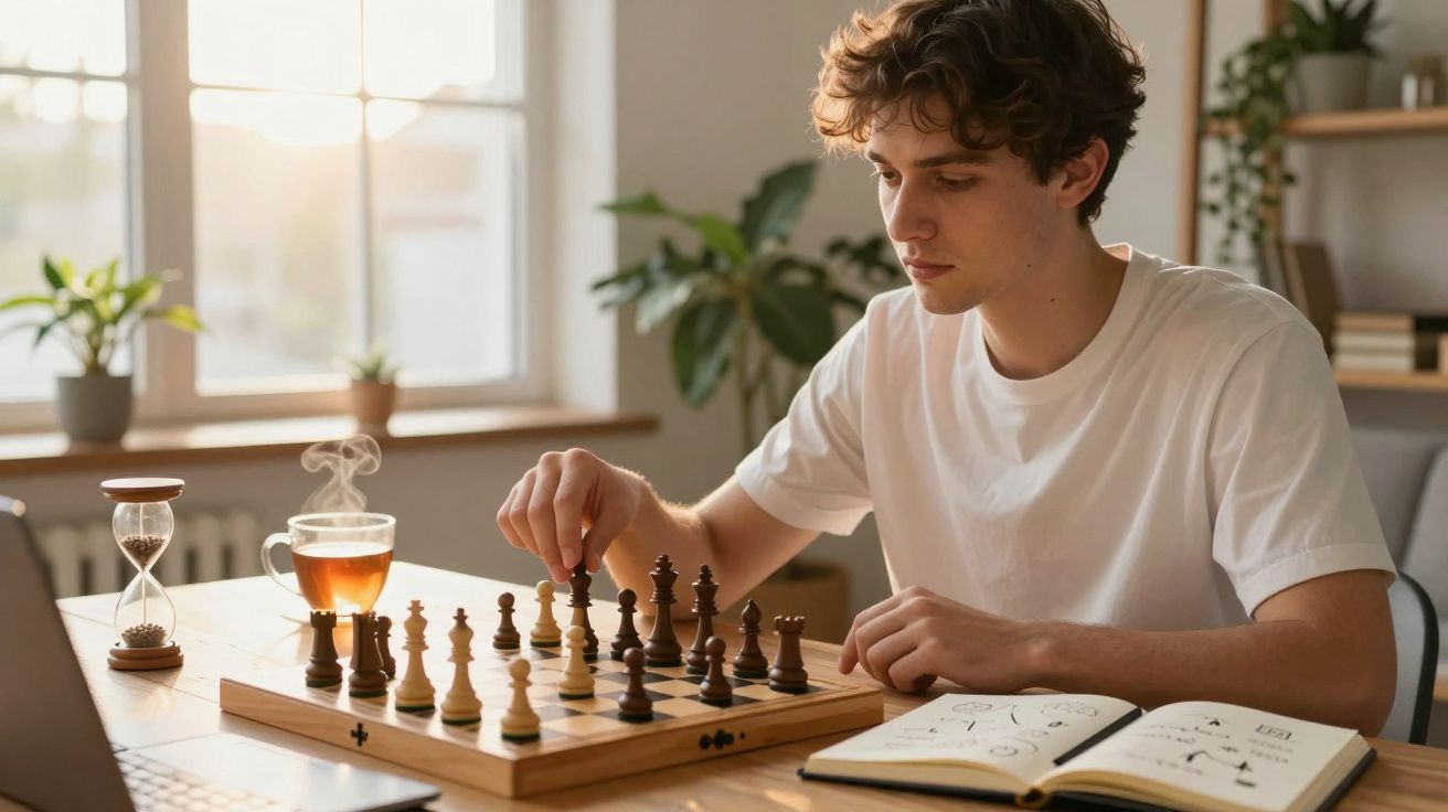 Jovem concentrado a jogar xadrez numa mesa com chá quente, ampulheta e caderno aberto junto a uma janela.