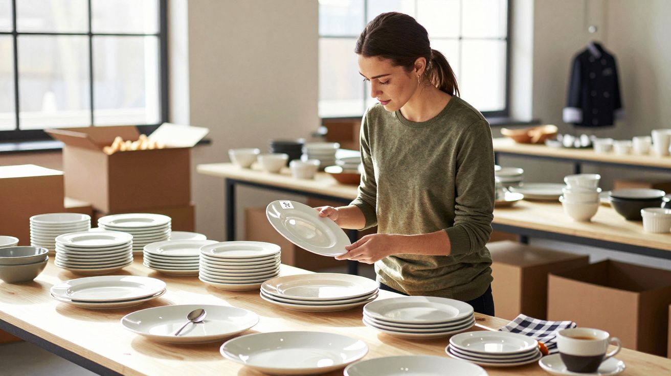 Mulher organiza pratos de porcelana branca em mesa de madeira num ambiente iluminado e arrumado.