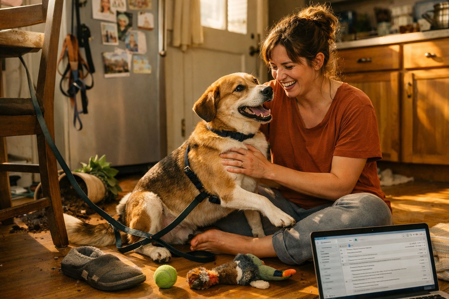 Mulher sentada no chão a brincar feliz com cão dentro de casa numa sala iluminada.