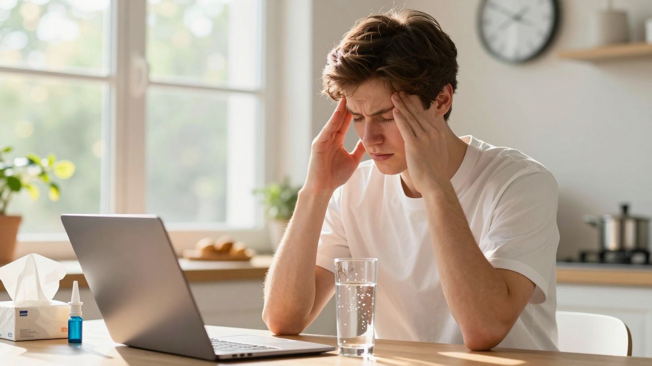 Jovem sentado numa cozinha com as mãos na cabeça, expressando dor de cabeça e desconforto à frente de um portátil.