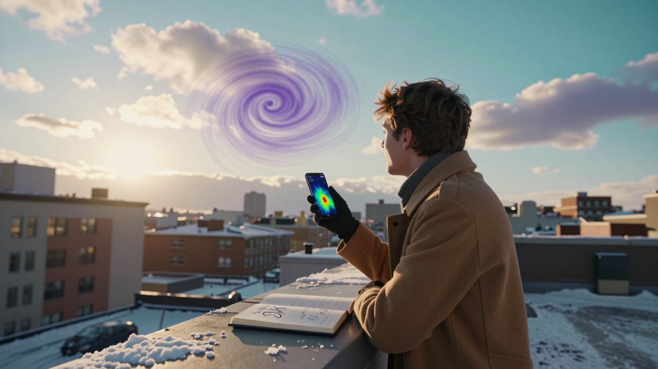 Homem numa cobertura com livros e telemóvel observa um vórtice púrpura no céu ao pôr do sol.