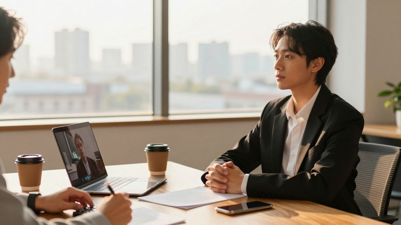 Dois homens numa sala de reuniões, um em videochamada no computador e outro sentado à mesa formalmente vestido.