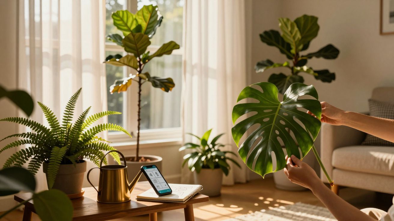 Interior iluminado com várias plantas em vasos, um smartphone numa mesa e mãos segurando uma folha grande.