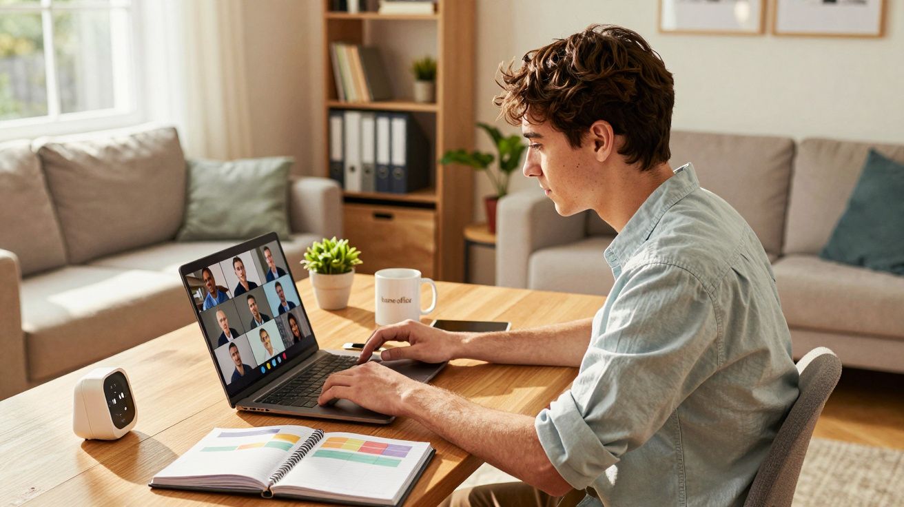 Homem jovem em videoconferência num laptop sentado à mesa numa sala com sofá e estante ao fundo.